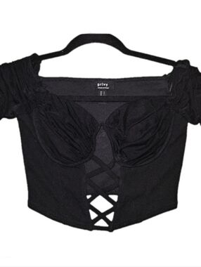 Privy Black Lace-Up Cropped Bustier Top with Runched Mesh Sleeves Sz Small | EUC